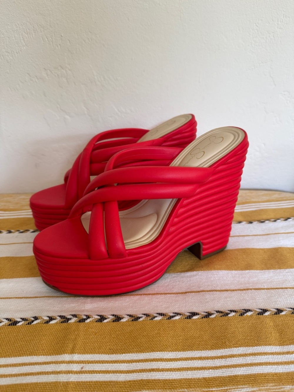 Jessica Simpson Red Ribbed Platform Wedge Slide Sandals